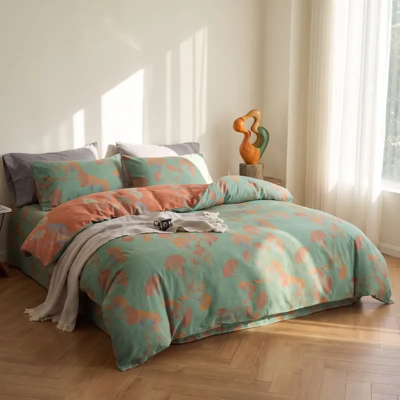 Retro-Wendebettwäsche-Set mit Ginkgoblatt-Motiv