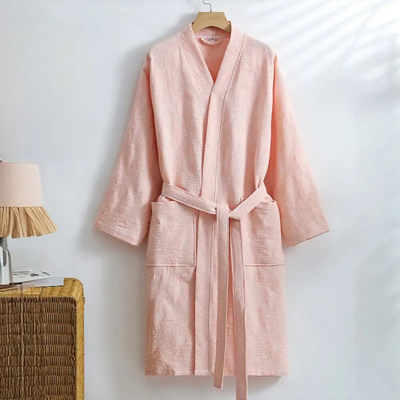 Kimono-Bademantel aus Baumwolle mit Sonnenblumenmuster und Waffelmuster