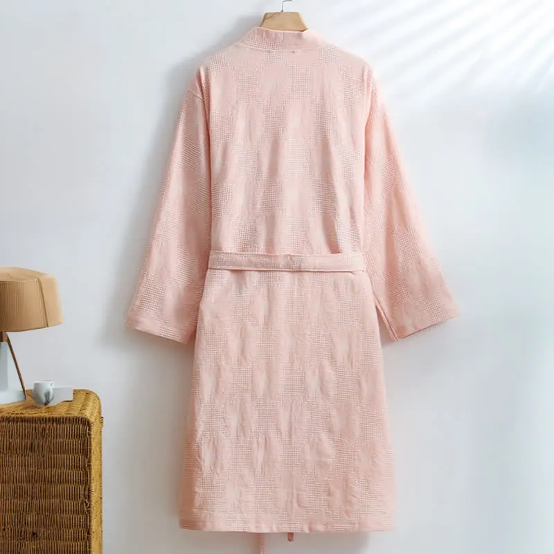 Kimono-Bademantel aus Baumwolle mit Sonnenblumenmuster und Waffelmuster