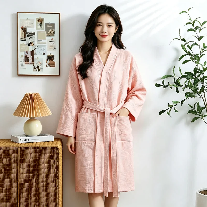 Kimono-Bademantel aus Baumwolle mit Sonnenblumenmuster und Waffelmuster
