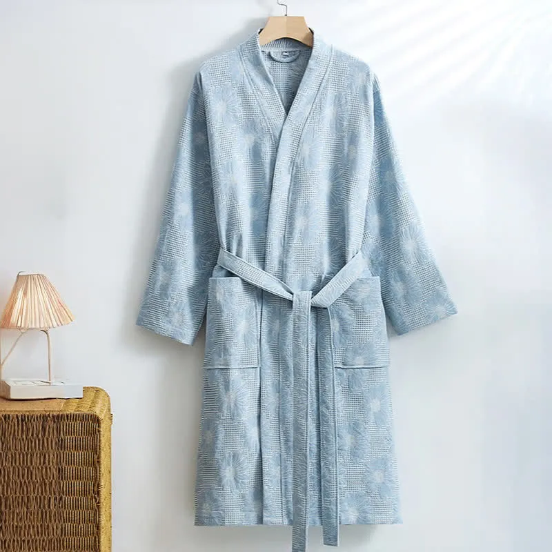 Kimono-Bademantel aus Baumwolle mit Sonnenblumenmuster und Waffelmuster