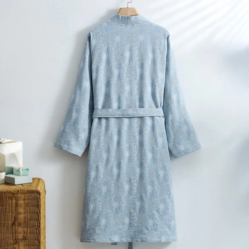 Kimono-Bademantel aus Baumwolle mit Sonnenblumenmuster und Waffelmuster