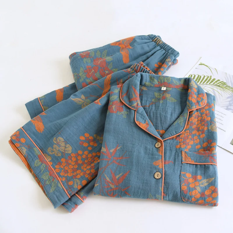 Vintage Loungewear-Set aus Baumwolle mit Vogel- und Blumenmuster