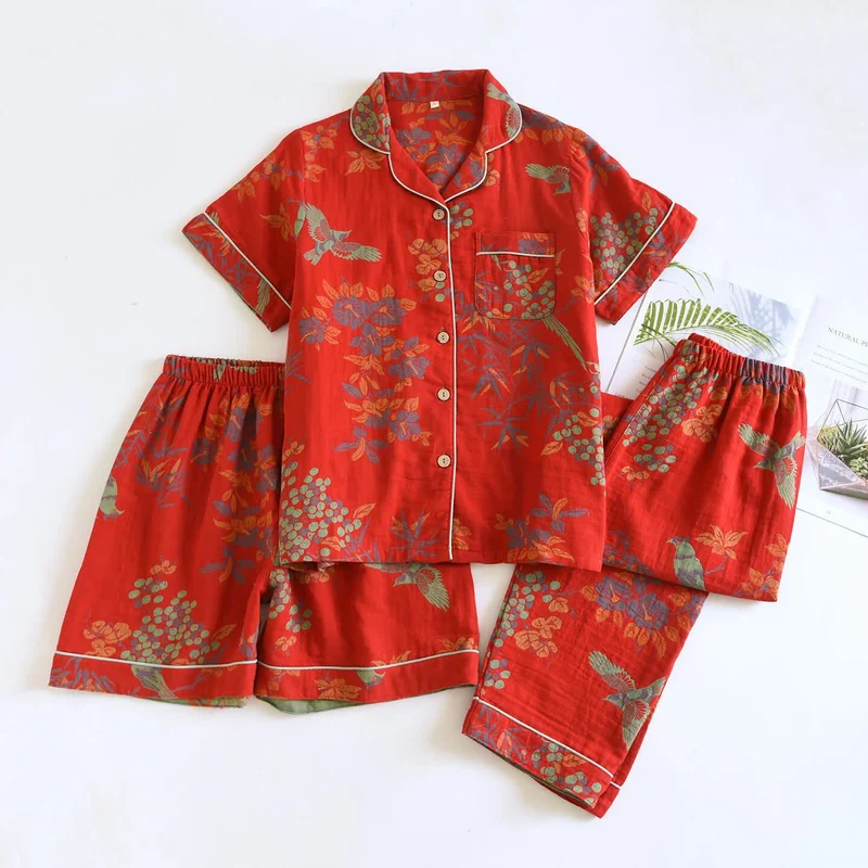 Vintage Loungewear-Set aus Baumwolle mit Vogel- und Blumenmuster