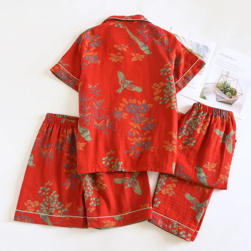 Vintage Loungewear-Set aus Baumwolle mit Vogel- und Blumenmuster