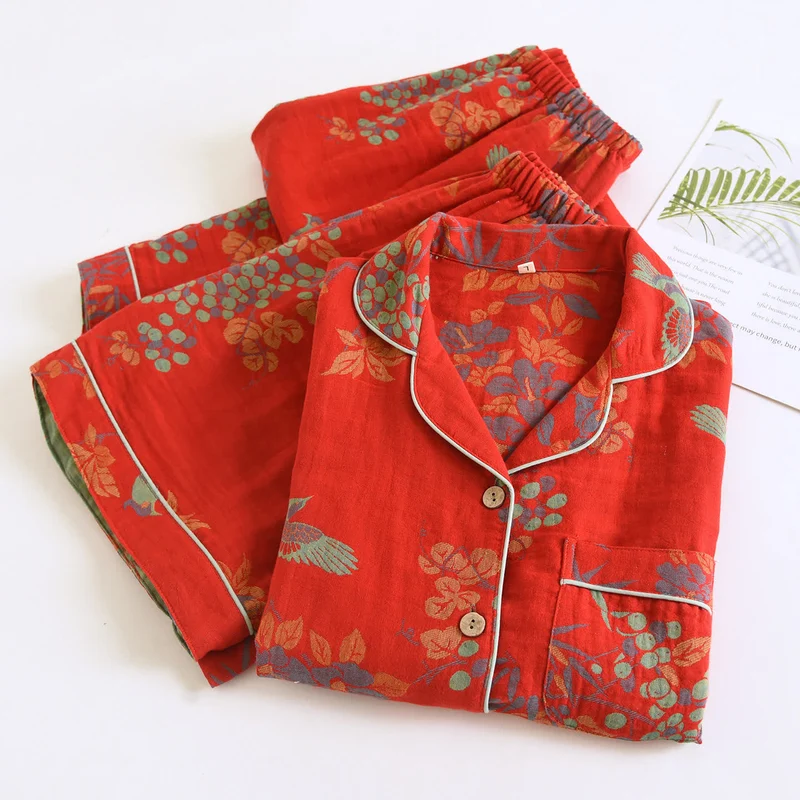Vintage Loungewear-Set aus Baumwolle mit Vogel- und Blumenmuster