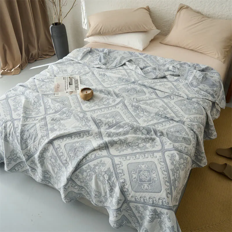 Retro-Karo-Blumen-3-lagige Musselin-Tagesdecke