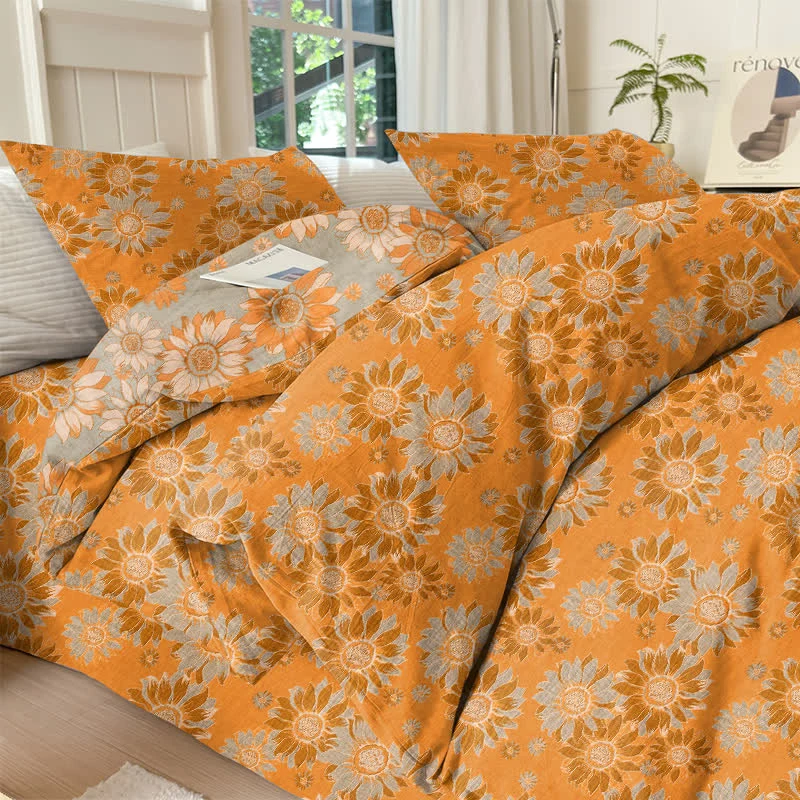 Vintage Sonnenblumen-Orange Baumwoll-Bettwäsche-Set