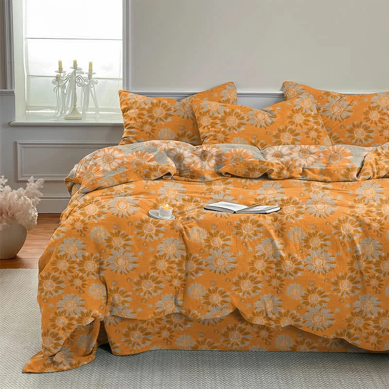 Vintage Sonnenblumen-Orange Baumwoll-Bettwäsche-Set