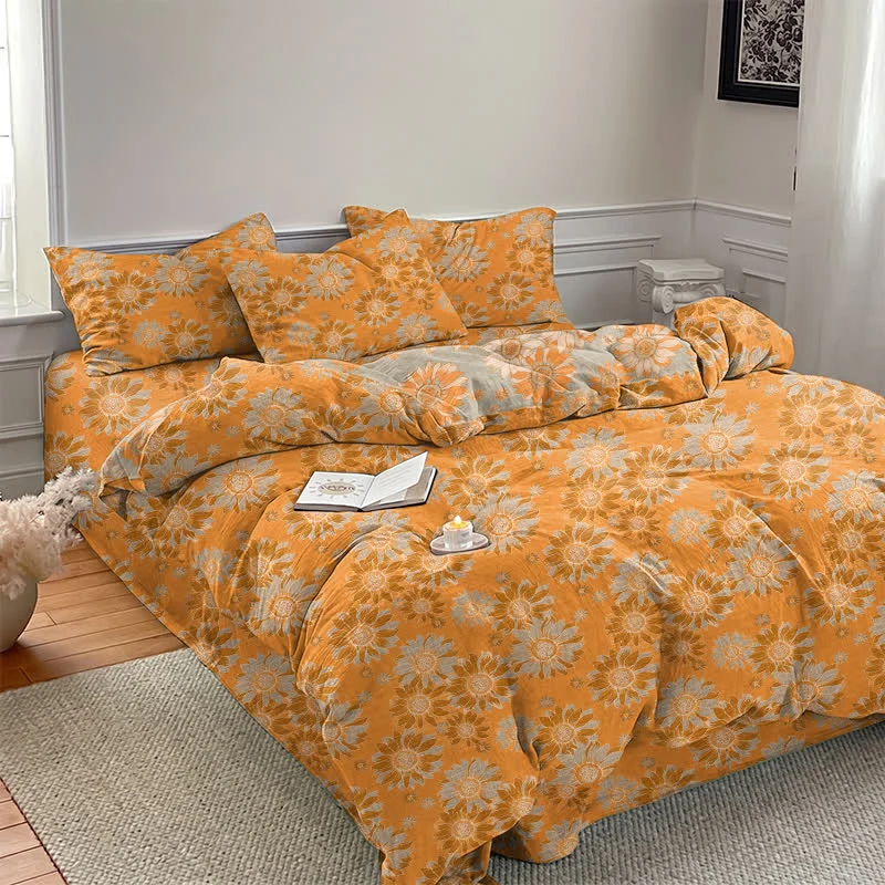 Vintage Sonnenblumen-Orange Baumwoll-Bettwäsche-Set