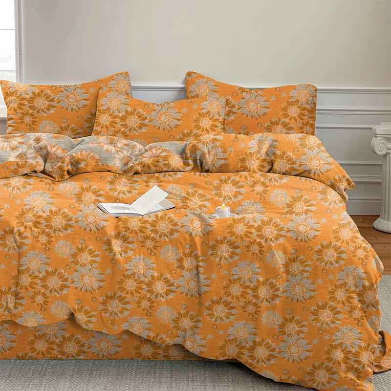 Vintage Sonnenblumen-Orange Baumwoll-Bettwäsche-Set