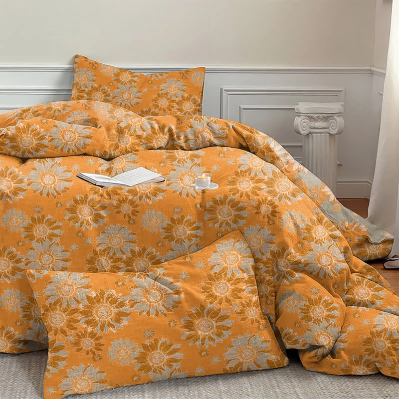 Vintage Sonnenblumen-Orange Baumwoll-Bettwäsche-Set
