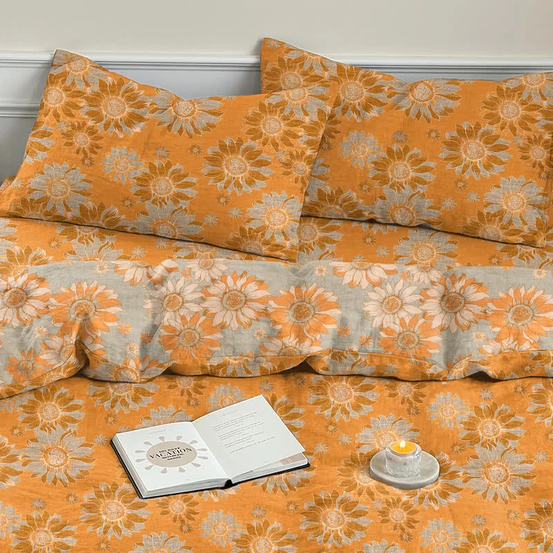 Vintage Sonnenblumen-Orange Baumwoll-Bettwäsche-Set