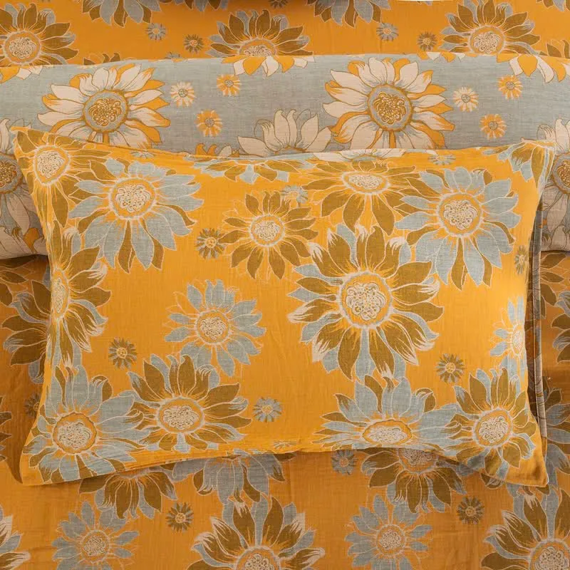 Vintage Sonnenblumen-Orange Baumwoll-Bettwäsche-Set