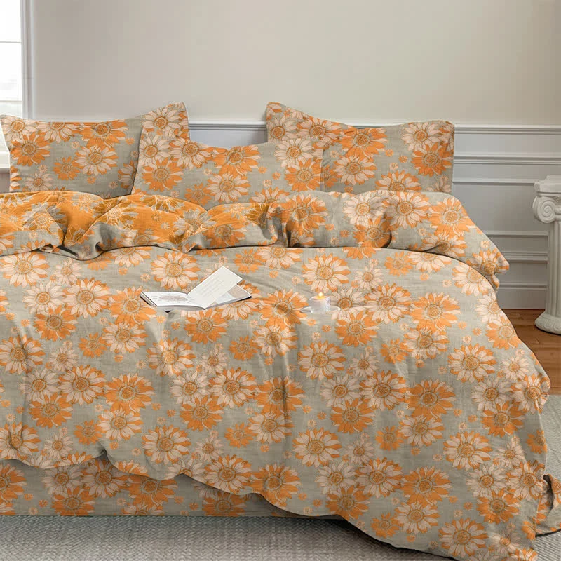 Vintage Sonnenblumen-Orange Baumwoll-Bettwäsche-Set