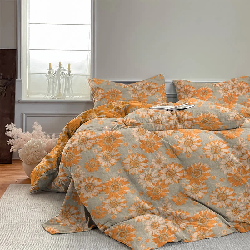 Vintage Sonnenblumen-Orange Baumwoll-Bettwäsche-Set