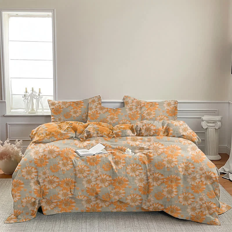 Vintage Sonnenblumen-Orange Baumwoll-Bettwäsche-Set