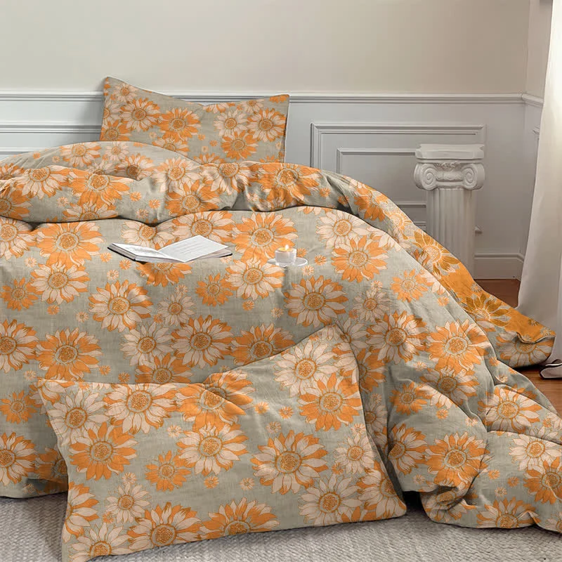 Vintage Sonnenblumen-Orange Baumwoll-Bettwäsche-Set