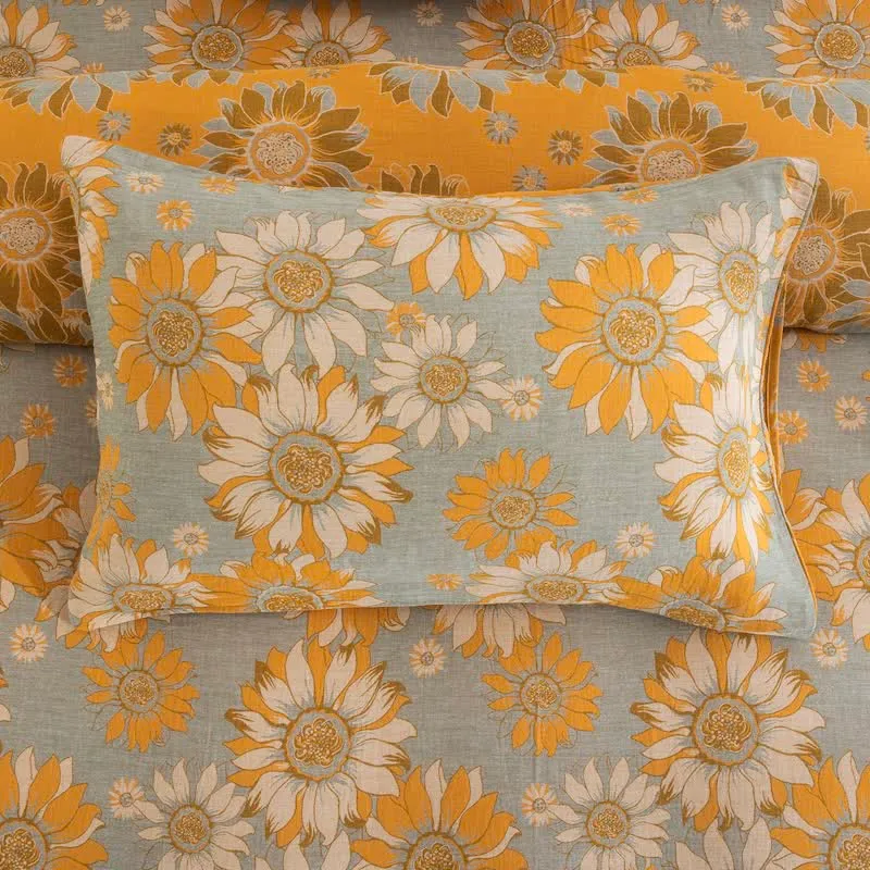 Vintage Sonnenblumen-Orange Baumwoll-Bettwäsche-Set