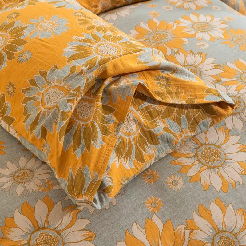 Vintage Sonnenblumen-Orange Baumwoll-Bettwäsche-Set