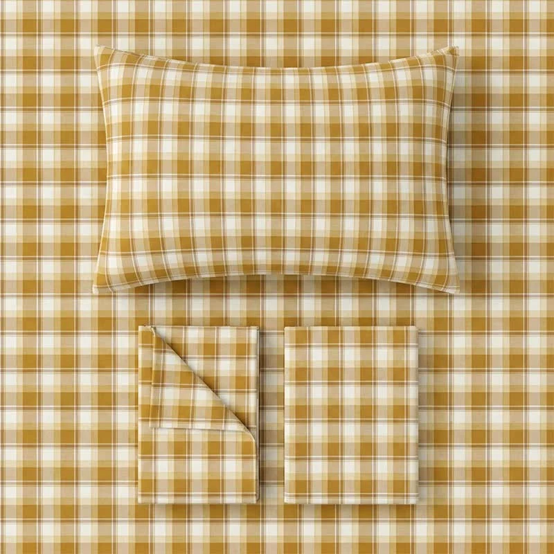 Senffarbenes kariertes Bettwäscheset für Einzelbett XL ( Schlafsaal)