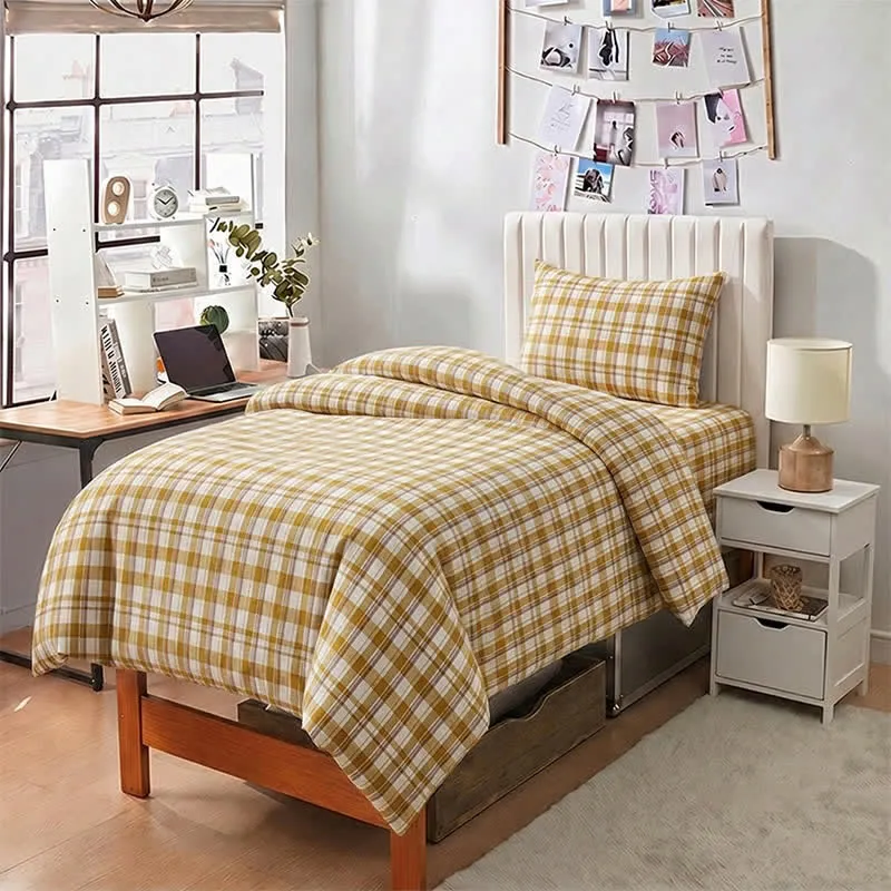 Senffarbenes kariertes Bettwäscheset für Einzelbett XL ( Schlafsaal)