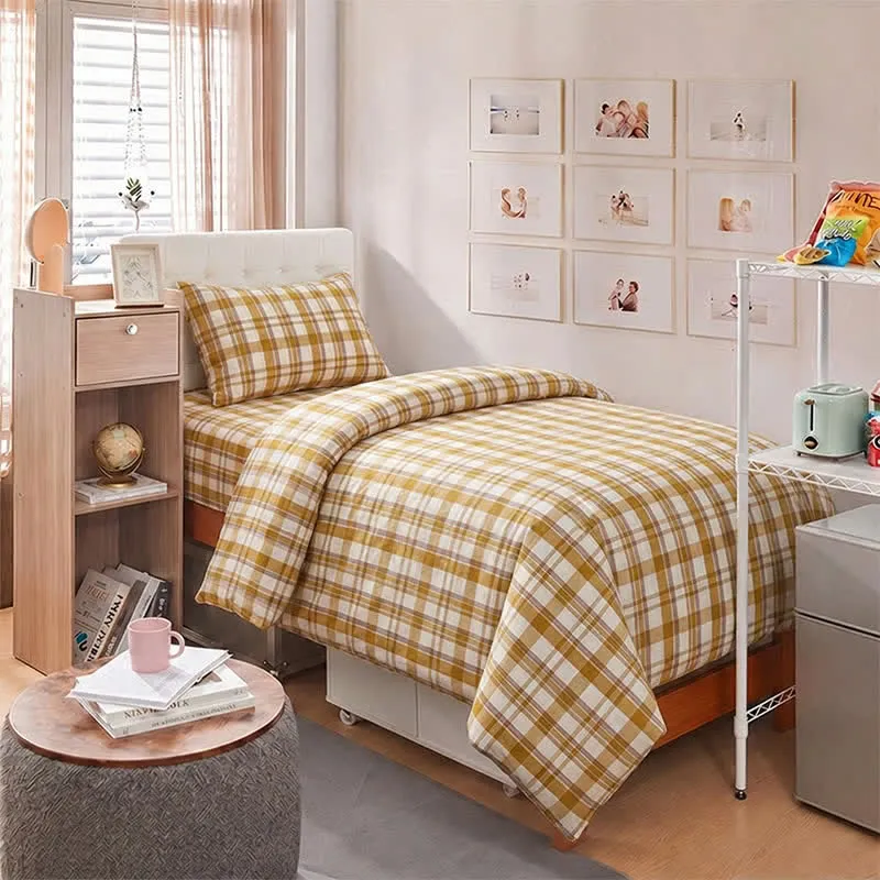 Senffarbenes kariertes Bettwäscheset für Einzelbett XL ( Schlafsaal)