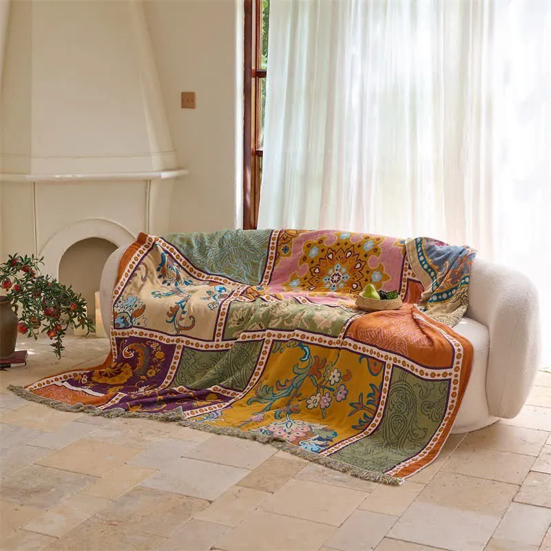 Boho-Baumwoll-Patchworkdecke mit Blumenmuster und Quasten