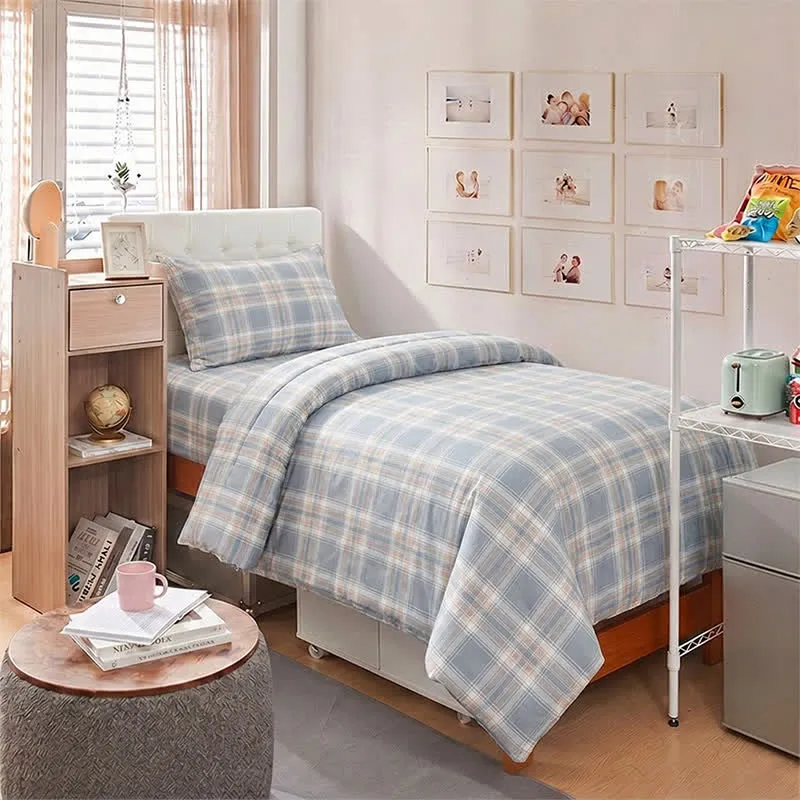 Bettwäsche-Set aus blau karierter Baumwolle (Einzelbett XL)