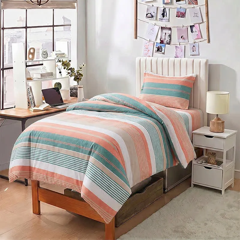 Bettwäsche-Set in Korallen-Türkis-Streifen, Größe Twin XL