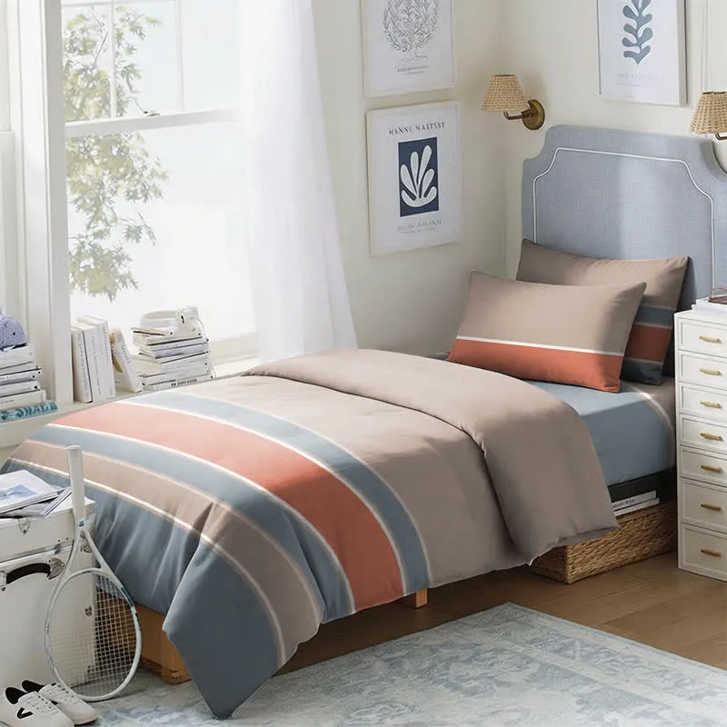 Bettwäsche-Set in Erdtönen mit Streifenmuster, Einzelbett XL