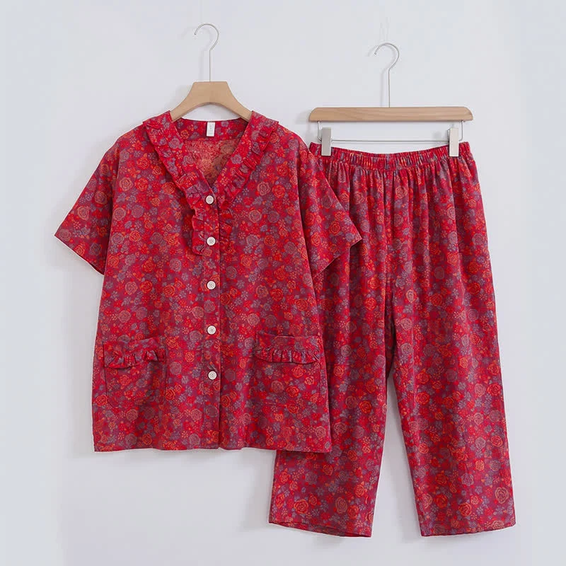 Loungewear-Set in Übergröße mit Rüschenbesatz, kurze Caprihose