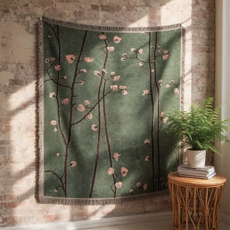 Dekorative Decke mit Quasten in Vintage-Grün mit Pflaumenblütenmuster