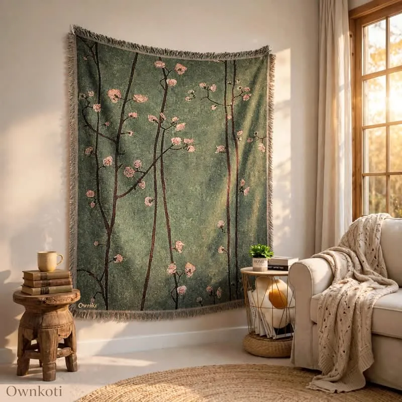 Dekorative Decke mit Quasten in Vintage-Grün mit Pflaumenblütenmuster