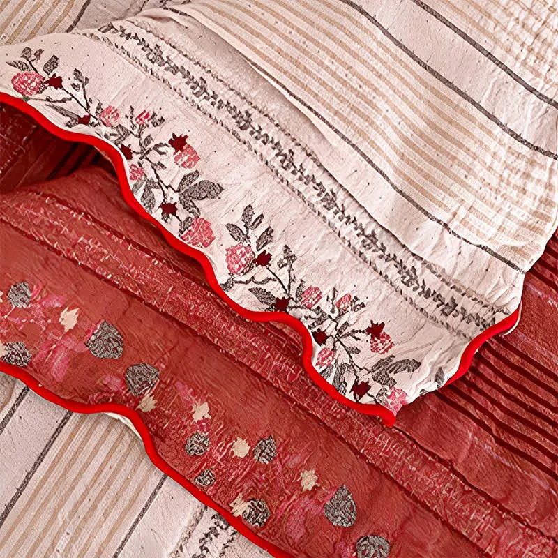 Bettwäsche-Set aus gewaschener Baumwolle mit rosafarbenem Blumenmuster und Streifen