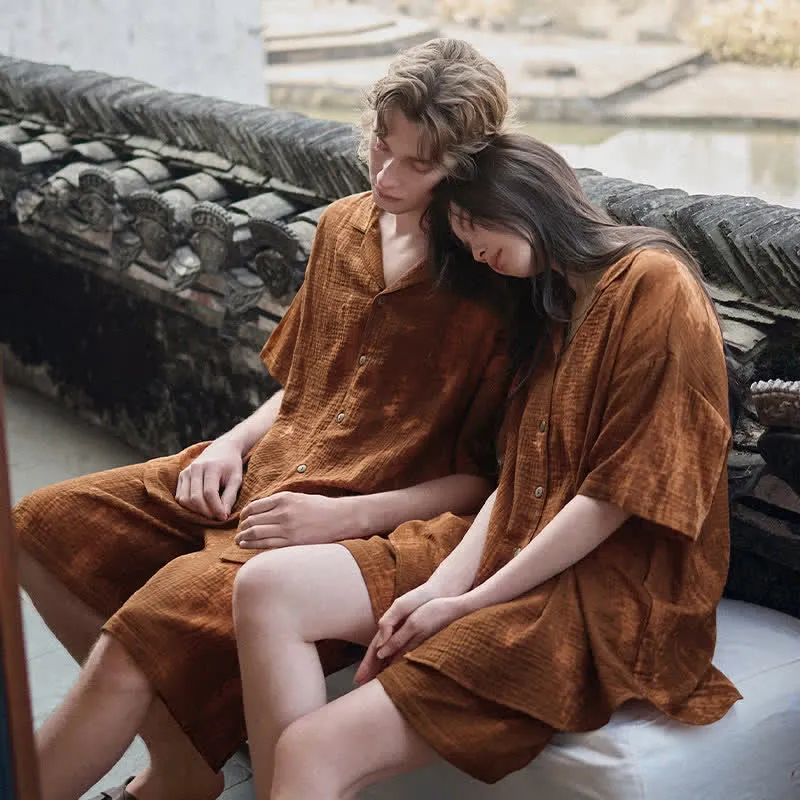 Partnerpyjamas aus Baumwolle, rostbraun, passend zum Partnerlook