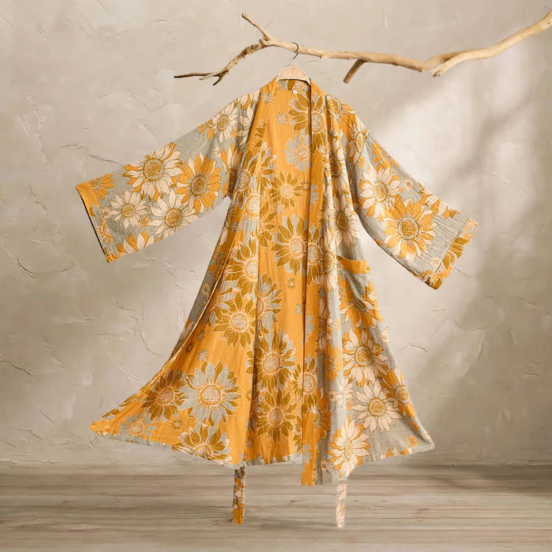 Vintage Sonnenblumen-Baumwollkimono-Bademantel