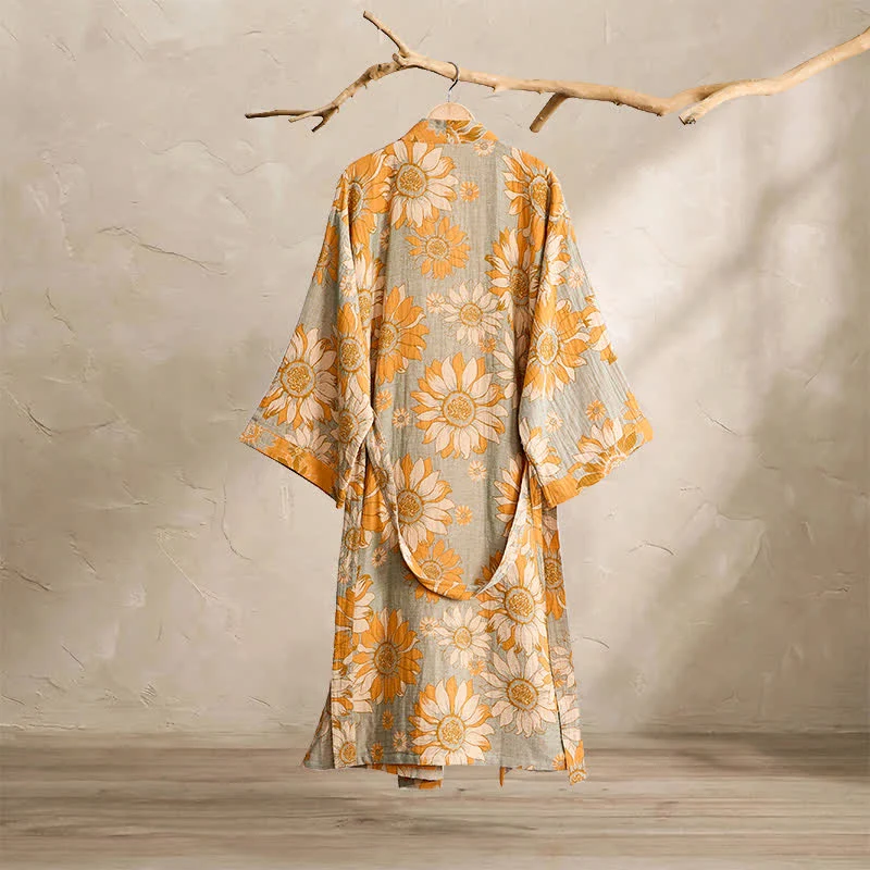 Vintage Sonnenblumen-Baumwollkimono-Bademantel