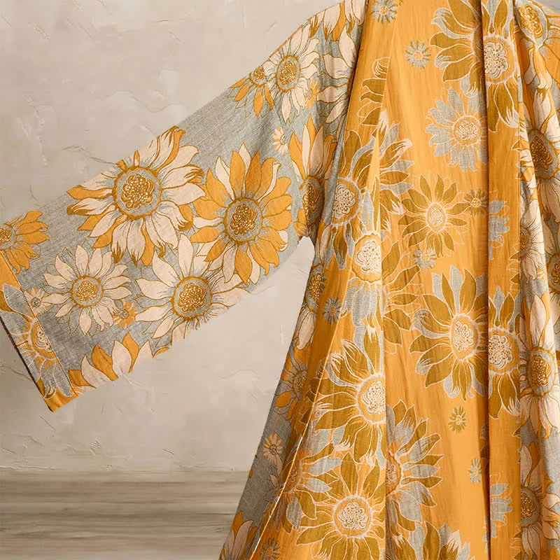 Vintage Sonnenblumen-Baumwollkimono-Bademantel
