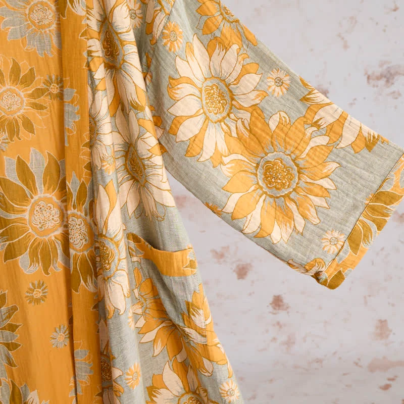 Vintage Sonnenblumen-Baumwollkimono-Bademantel