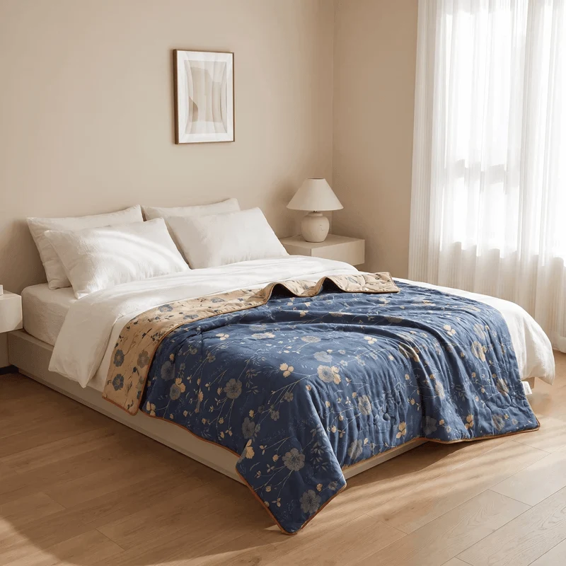 Wendbare blaue Landhaus-Steppdecke mit Blumenmuster