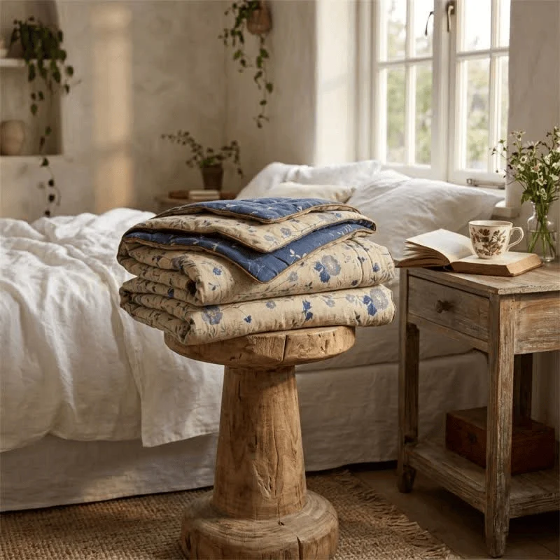 Wendbare blaue Landhaus-Steppdecke mit Blumenmuster