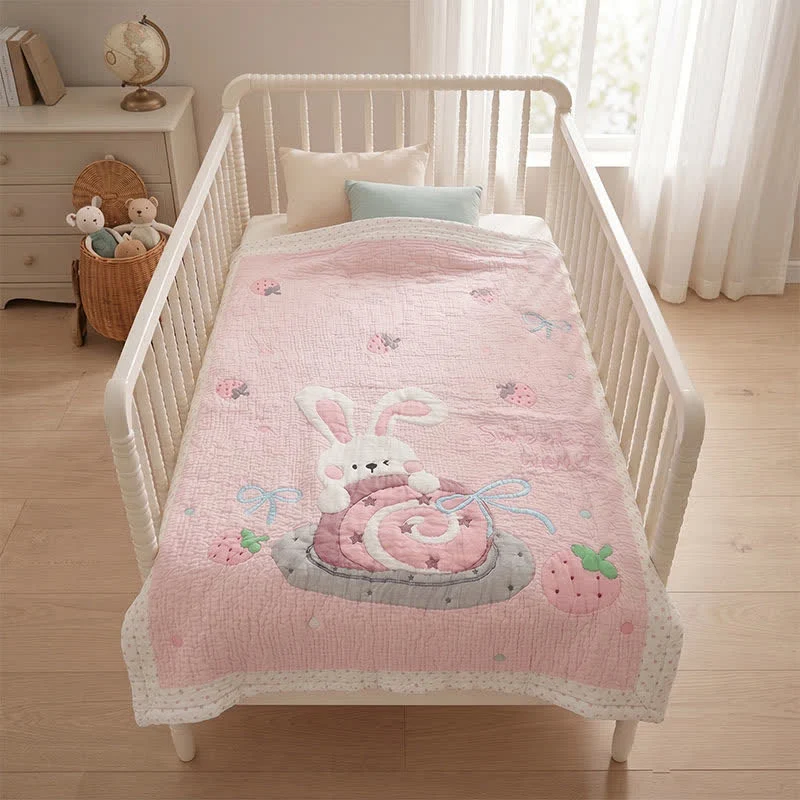 Babydecke aus Lyocell mit rosa Hasen- und Erdbeermotiven