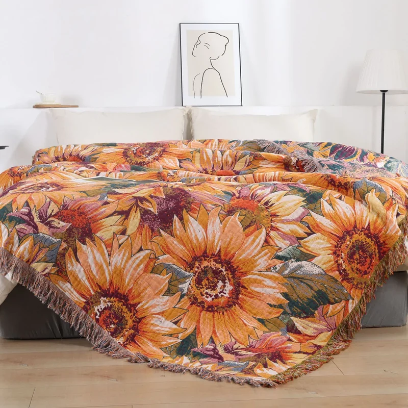 Boho-Sonnenblumen-Tagesdecke aus Baumwollgaze