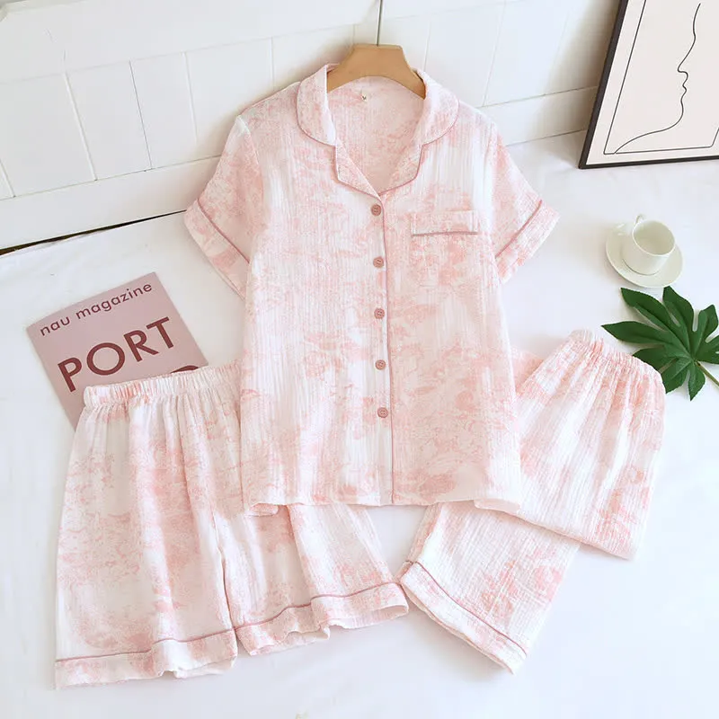 Dreiteiliger Pyjama-Satz aus Baumwollgaze mit Aquarellmuster