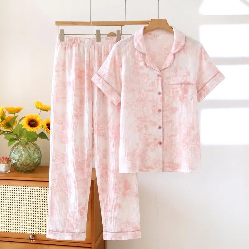 Dreiteiliger Pyjama-Satz aus Baumwollgaze mit Aquarellmuster