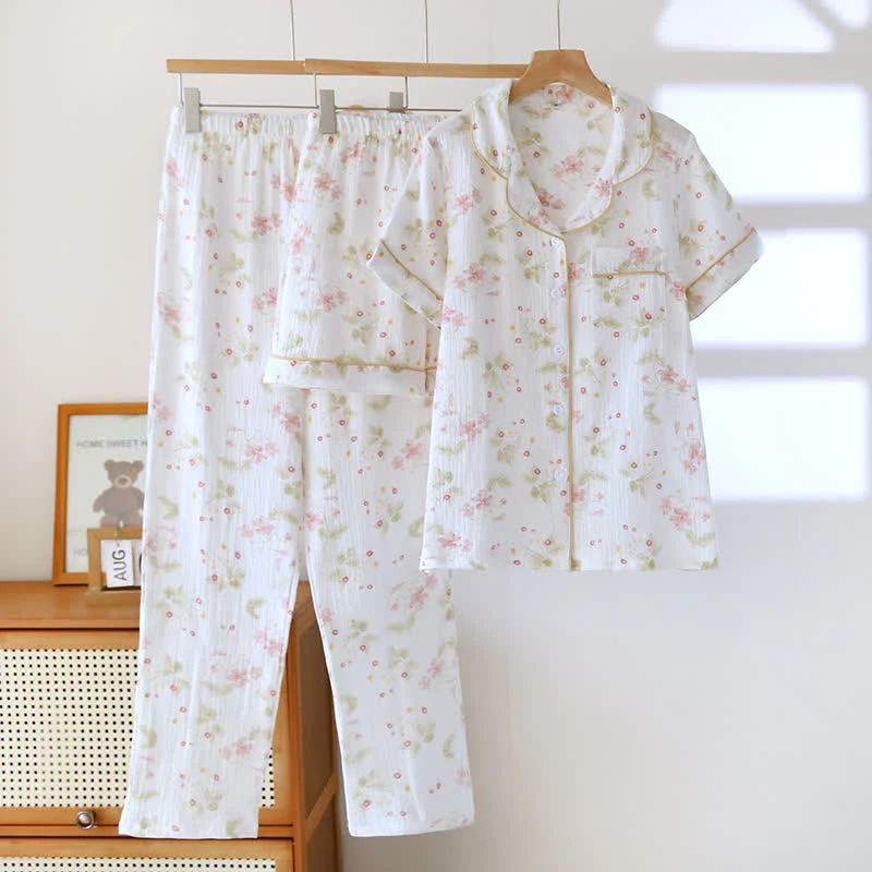 Gemütliches 3-teiliges Lounge-Set aus Baumwoll-Gaze mit Blumenmuster