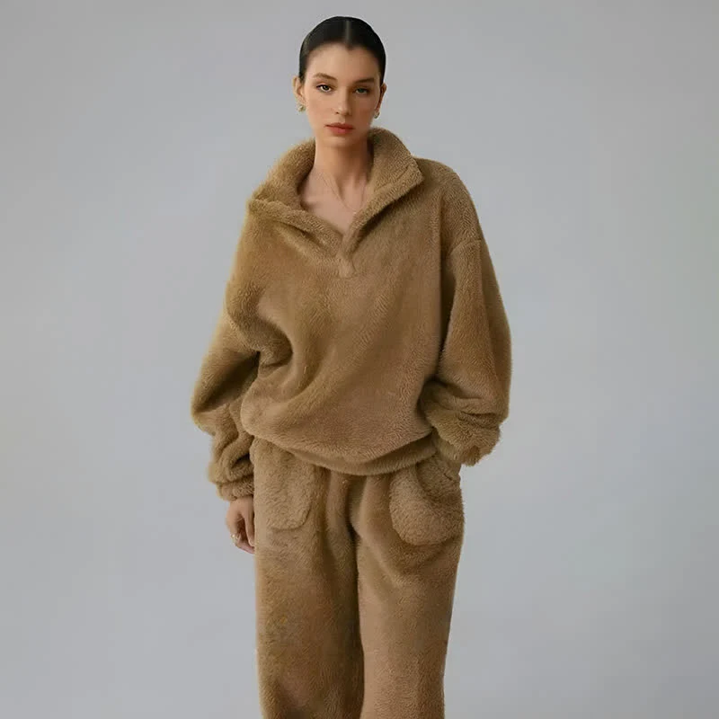 Einfarbiges Plüsch-Loungewear-Set