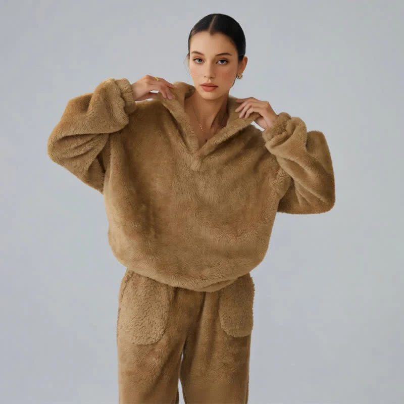 Einfarbiges Plüsch-Loungewear-Set