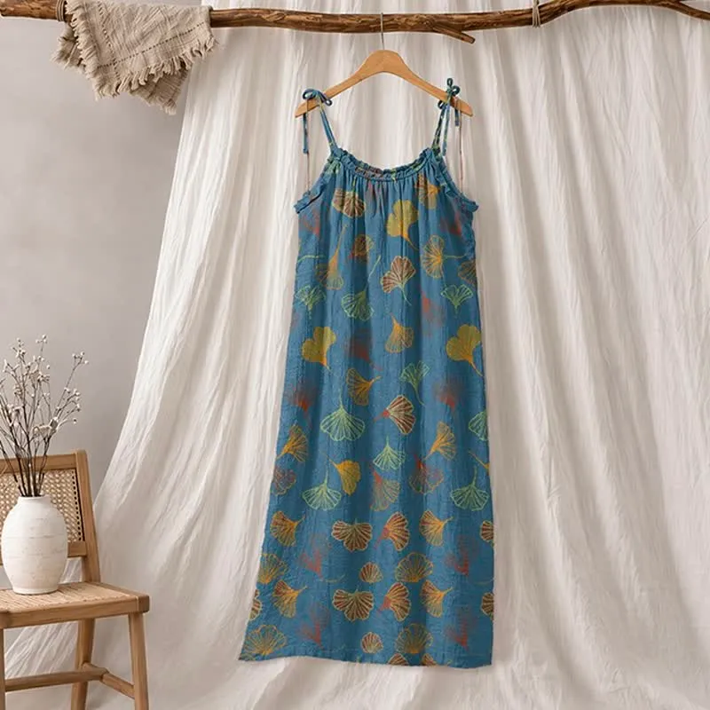 Ginkgo Leaf Tie Strap Lounge Midi Dress